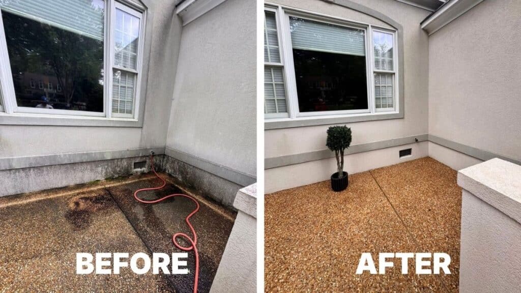 Before and after photos of a small house courtyard: left shows a wet, stained concrete patio with a red hose; right shows a clean, dry pebble-textured patio with a small potted shrub and no hose visible.