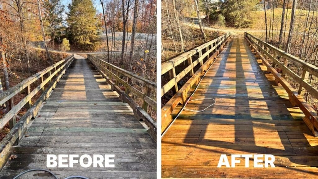Split image showing a wooden bridge before and after cleaning; left side shows weathered gray boards, right side shows cleaned, sunlit wood.